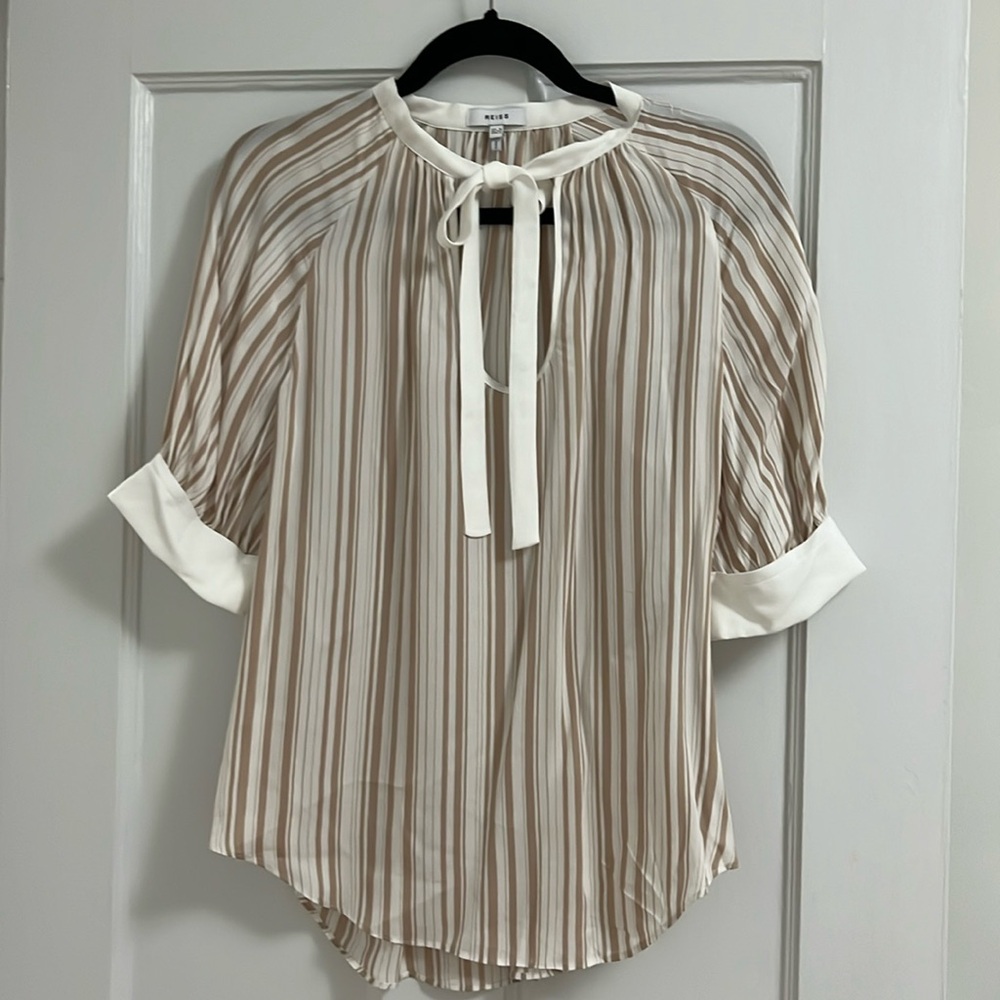 Reiss short sleeve blouse.  Size 2 white and beige stripe. Lightly worn